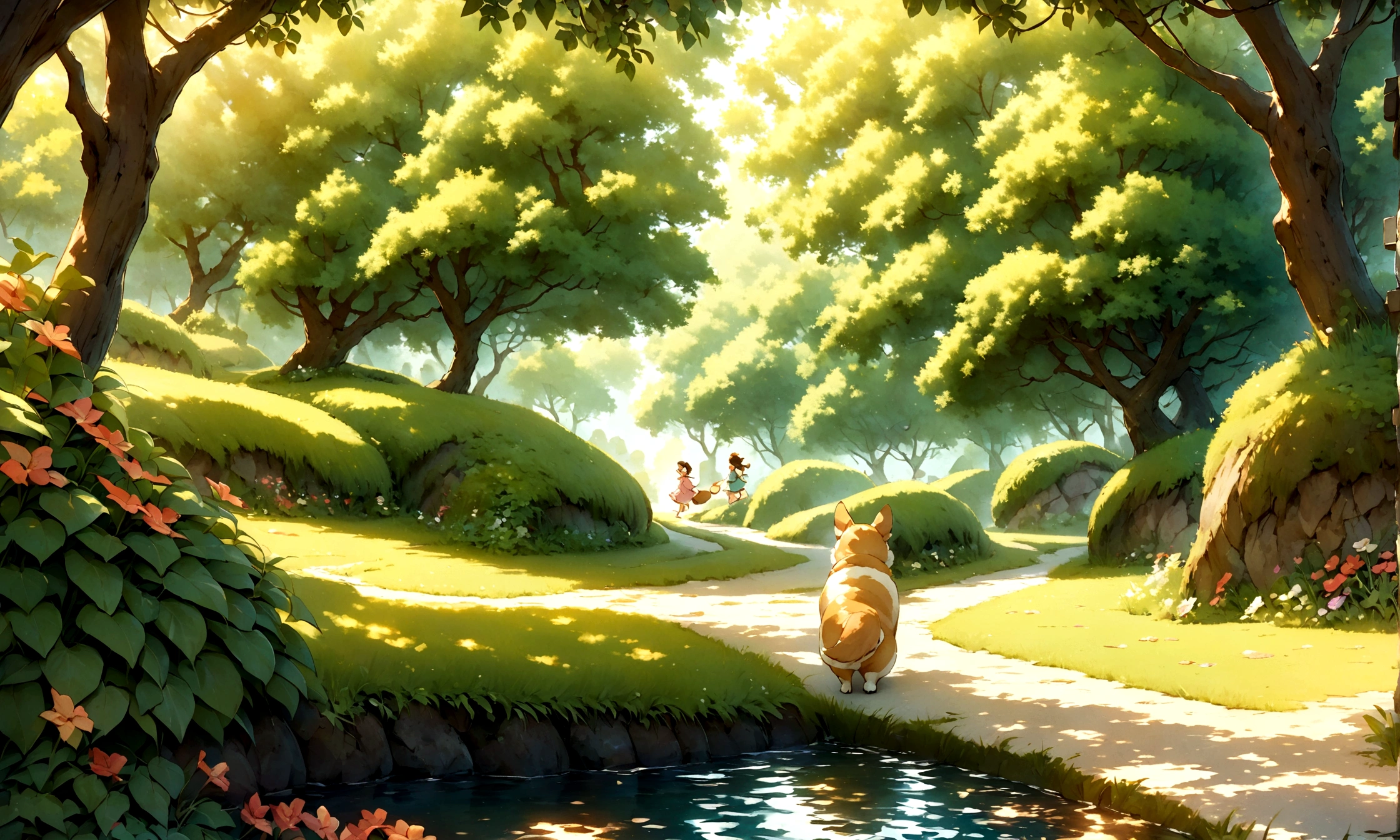 A Welsh Corgi walking along a vibrant, clear stream, surrounded by lush grass, in the style of Studio Ghibli, specifically inspired by "My Neighbor Totoro." The scene is colorful and lively, with the corgi's fluffy fur and short legs adding charm to the setting. The clear stream flows gently beside the corgi, reflecting the soft, diffused light. The background is filled with rich, vibrant vegetation, creating a whimsical and enchanting atmosphere.