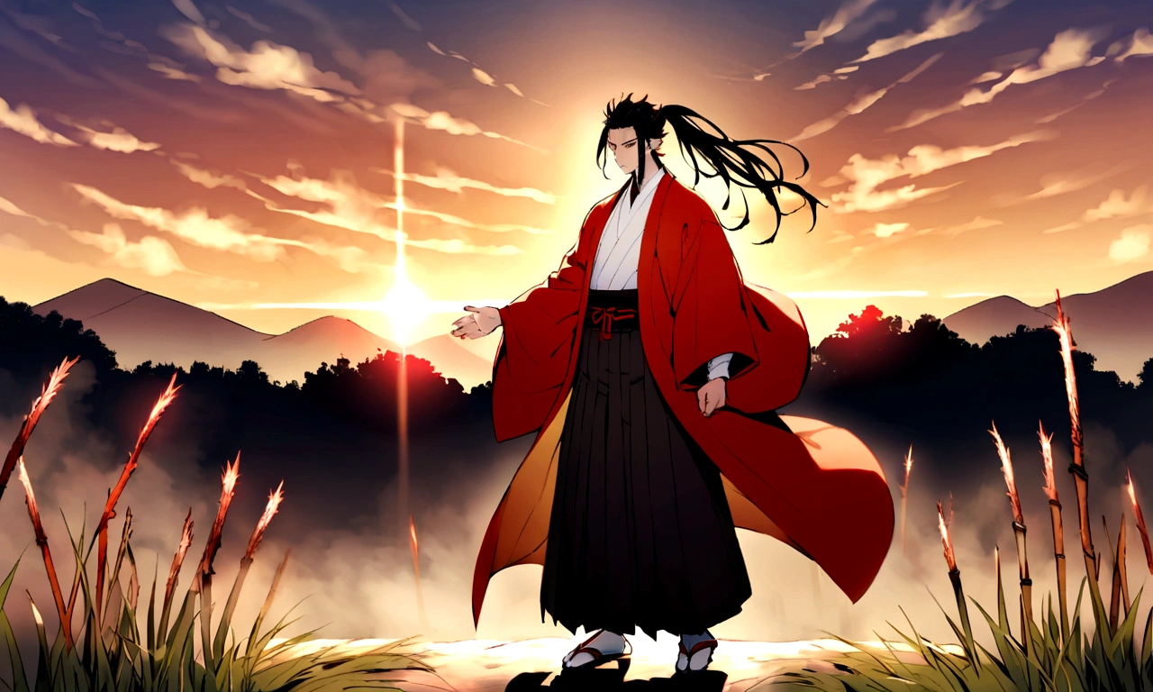Yoriichi from demon slayer. he is a tall man with a lean, muscular build, fair skin, maroon eyes, and long spiky hair with red tips that he keeps in a ponytail. He wears a red haori over a very pale orange-colored nagagi kimono, black umanori-styled hakama, zōri with red straps, and white tabi socks. sunset, he is on the field and he is waving his sword, the sword leaves a trace of massive fire