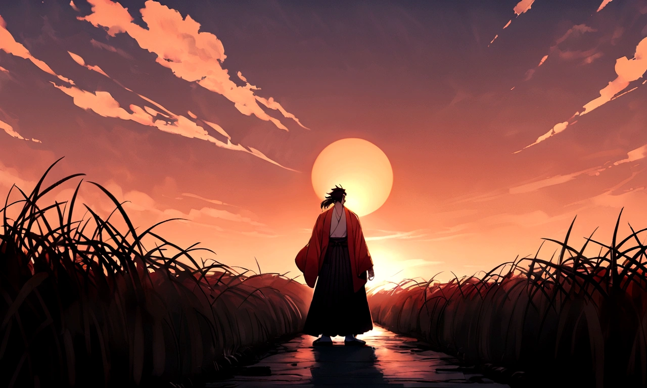 Yoriichi from demon slayer. he is a tall man with a lean, muscular build, fair skin, maroon eyes, and long spiky hair with red tips that he keeps in a ponytail. He wears a red haori over a very pale orange-colored nagagi kimono, black umanori-styled hakama, zōri with red straps, and white tabi socks. sunset, he is on the field and he is waving his sword, the sword leaves a trace of massive fire
