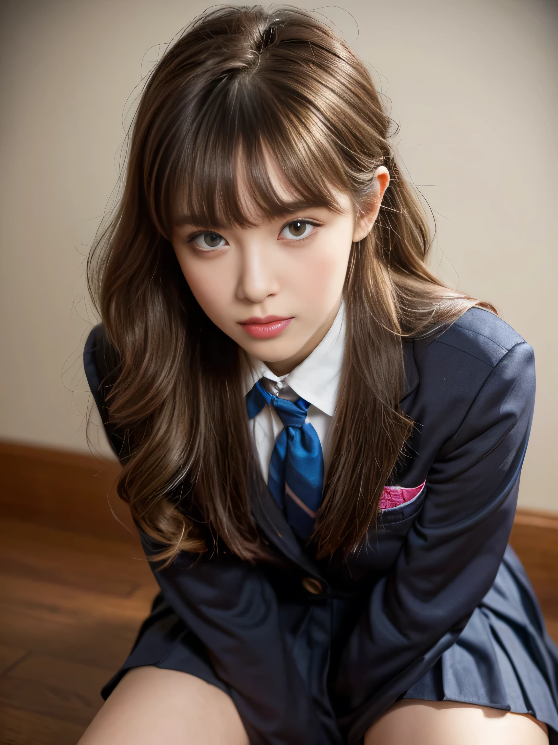 19 years old child, (wearing school uniform, blazer, blue neck ribbon, pleated skirt, black pantyhose, loafers), big round breast, nipple protrusion, show your breast, show your thighs, ((updo hairstyle, Dark blonde hair, wavy hair, long hair, asymmetric bangs:1.2)), (photorealistic:1.2), (ultra realistic:1.3), (very detailed:1.1), ((masterpiece)), (Hand Details:1.4), (puckered lips:1.3),  depth of field, first person view.