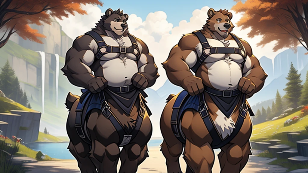 brown bear, furry, fur taur, beartaur, middle-age, detailed face, bear ears, bear eyes(brown), bear nose(black), bear mouth, garibaldi beard(white), mature hair(white), detailed arms, strongest, hands(5 fingers), detailed body belly, muscle belly(white),  harness, detailed taur body, bear paws, bear tail, no belts