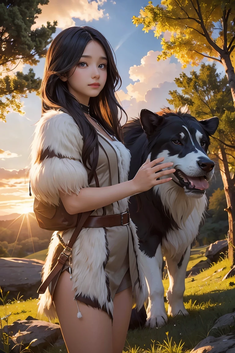 ((masterpiece, best quality, extremely detailed), volumetric lighting, ambient occlusion, colorful, glowing), 
1girl, solo, young girl, (dark hair), long hair, caveman style, cavewoman costume, animal fur, animal hide outfits,
forest,  sunset, sky, clouds, trees, 