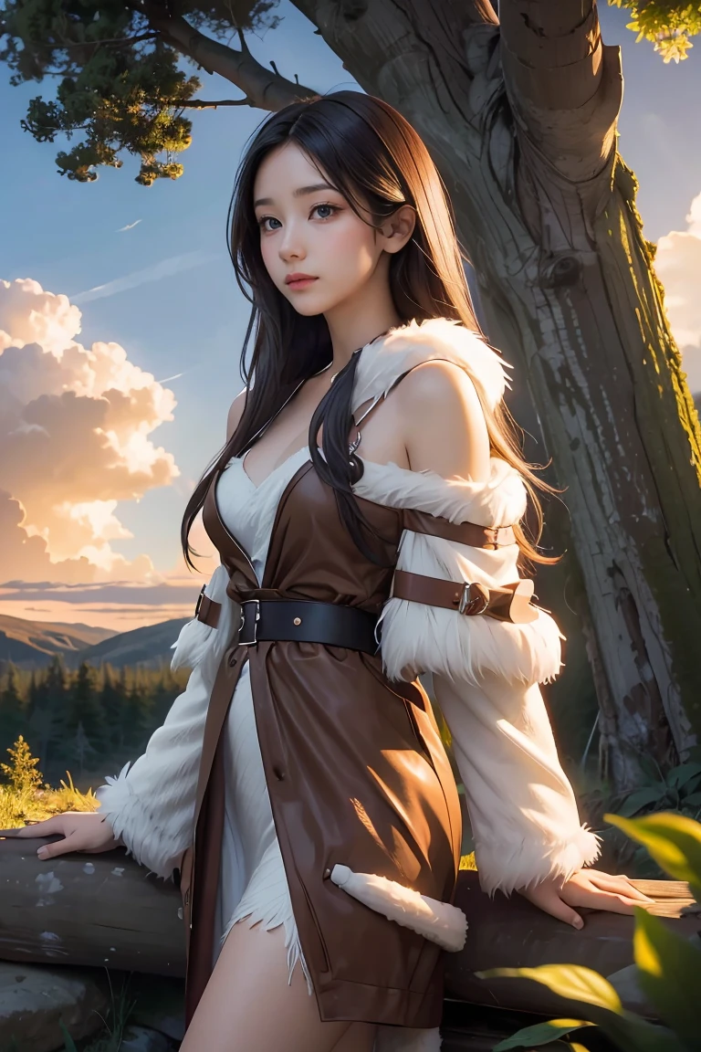 ((masterpiece, best quality, extremely detailed), volumetric lighting, ambient occlusion, colorful, glowing), 
1girl, solo, young girl, (dark hair), long hair, caveman style, cavewoman costume, animal fur, animal hide outfits,
forest,  sunset, sky, clouds, trees, 