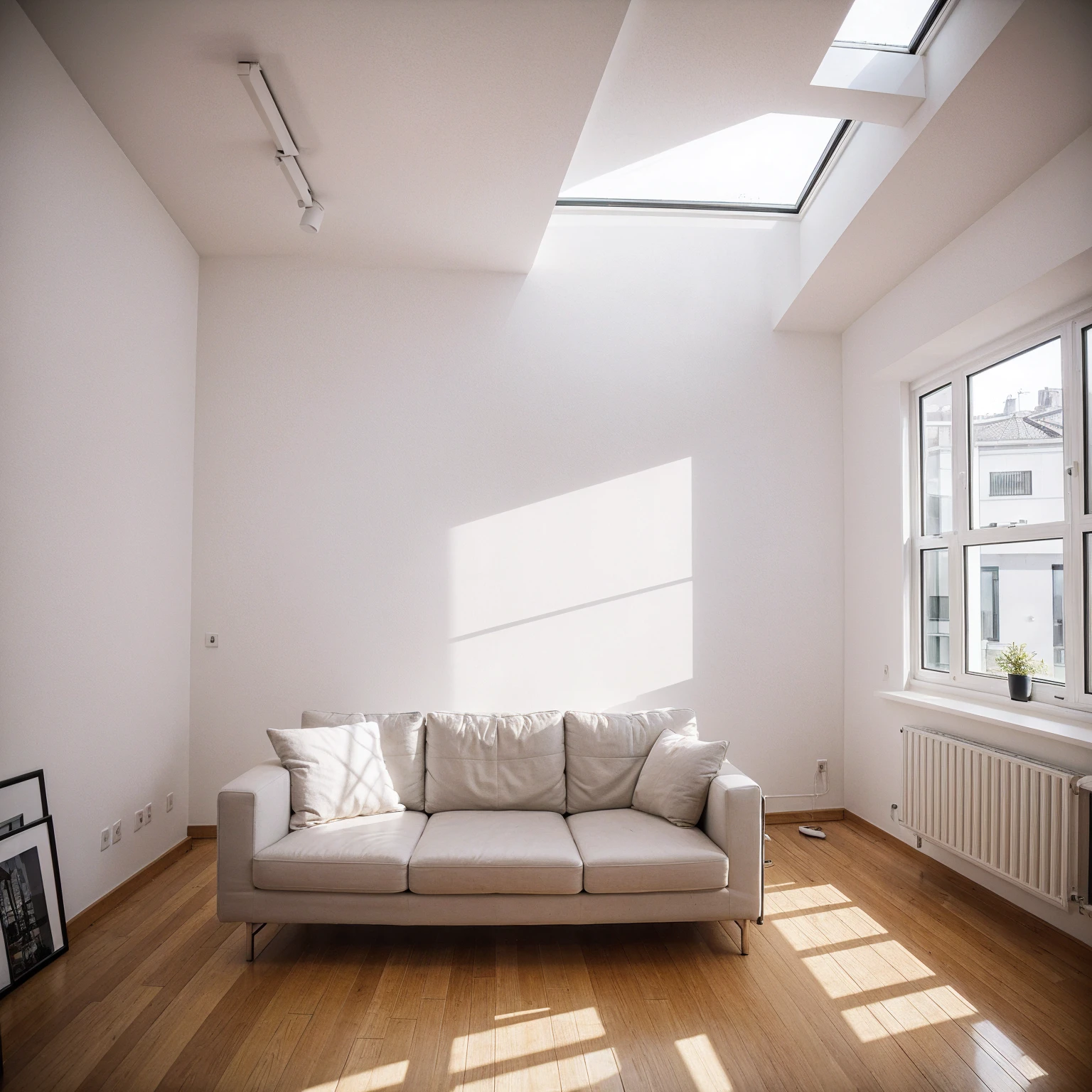 Highest quality，masterpiece，interior design，unmanned，Modern Style，living room，window，Daytime，sunlight、studio、Apartment、The walls are white、There is nothing in the room