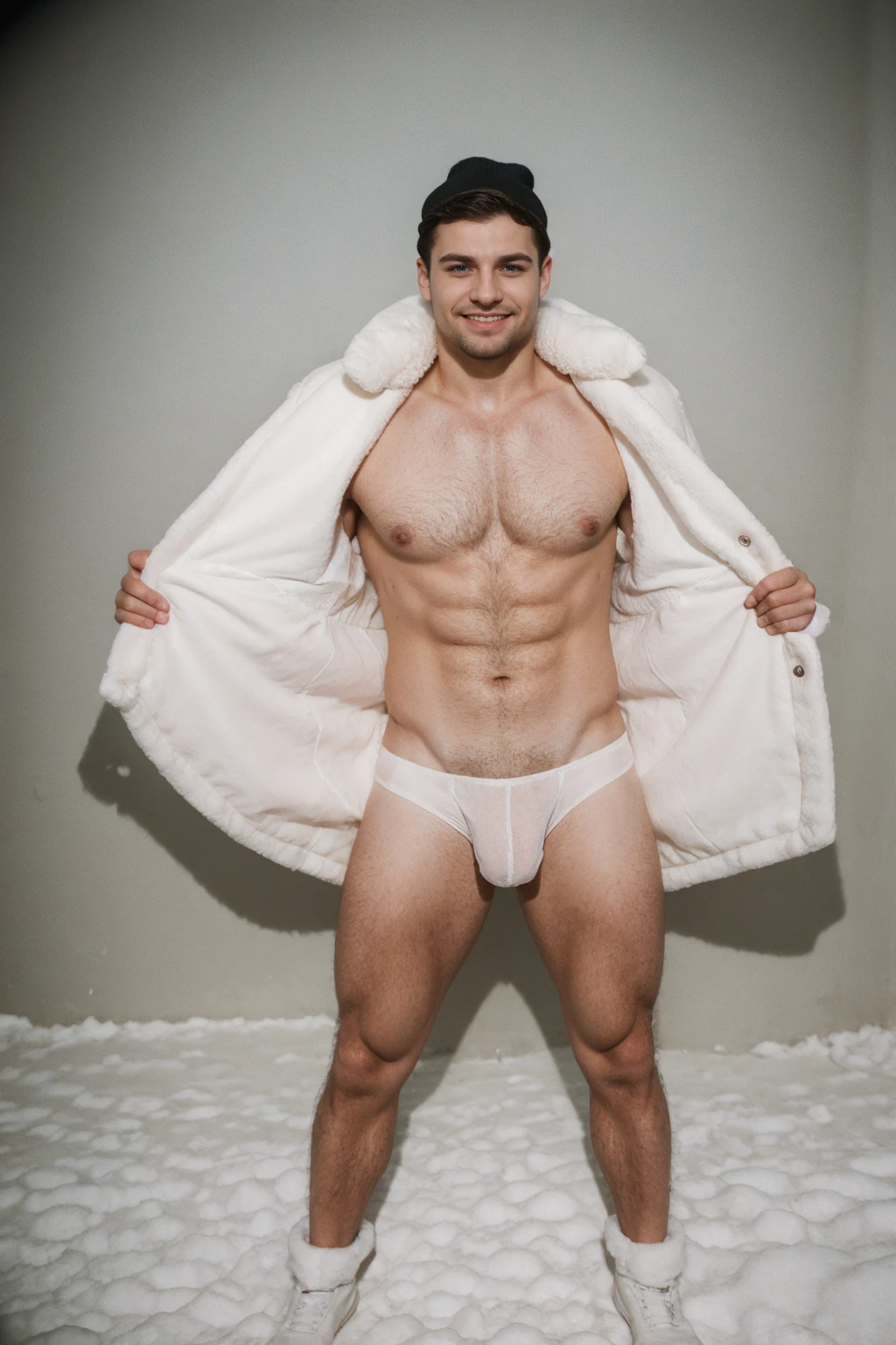 1 stocky shirtless Russian gay is standing with his legs and thighs opened and spread in the snow with wide landscape of snowfield , 1 man only, no other people, iceblocks and icelake and snow scene, he is wearing white fur gloves, fur woolen hat to cover snow , moustache, facial hair, white transparent thong bikini highlighting big bulge and big butts, Wear knee-length fur shoes.,masculine and stocky, shirtless, handsome face with detailed facial features, shirtless and wearing nothing, correct accurate male anatomy,skinny boy body, muscle body,sport body, big muscle, Handsome face, wet oiled waxy shiny greasy muscles and skin, flawless white skin, masterpiece, professional DSLR shoot and retouching, illustration art, shadow, highlight, sharpness, depth of field, dessert and Russian snow field environment, sexy, hot gay erotic illustration art, sexy and hot,Close-up photo,(Best quality, 8k, Masterpiece).,Smiling face, good mood.highest detail, superior quality, natural lighting, beautiful, sexy, correct anatomy, good composition,realistic shapes, realistic skin tones,Natural eyes,realistic eyes,looking up at viewer,vpl,realistic muscles,Realistic wrinkles on the skin,Realistic arms and legs,Realistic face,realistic hair,Make a sexy and seductive face, man focus,amazing composition, front view, HDR, volumetric lighting, ultra quality, elegant,Post a erotic photoshoot,Realistic pose,detailed hair,full body,Fujifilm XT3 photorealistic art by midjourney