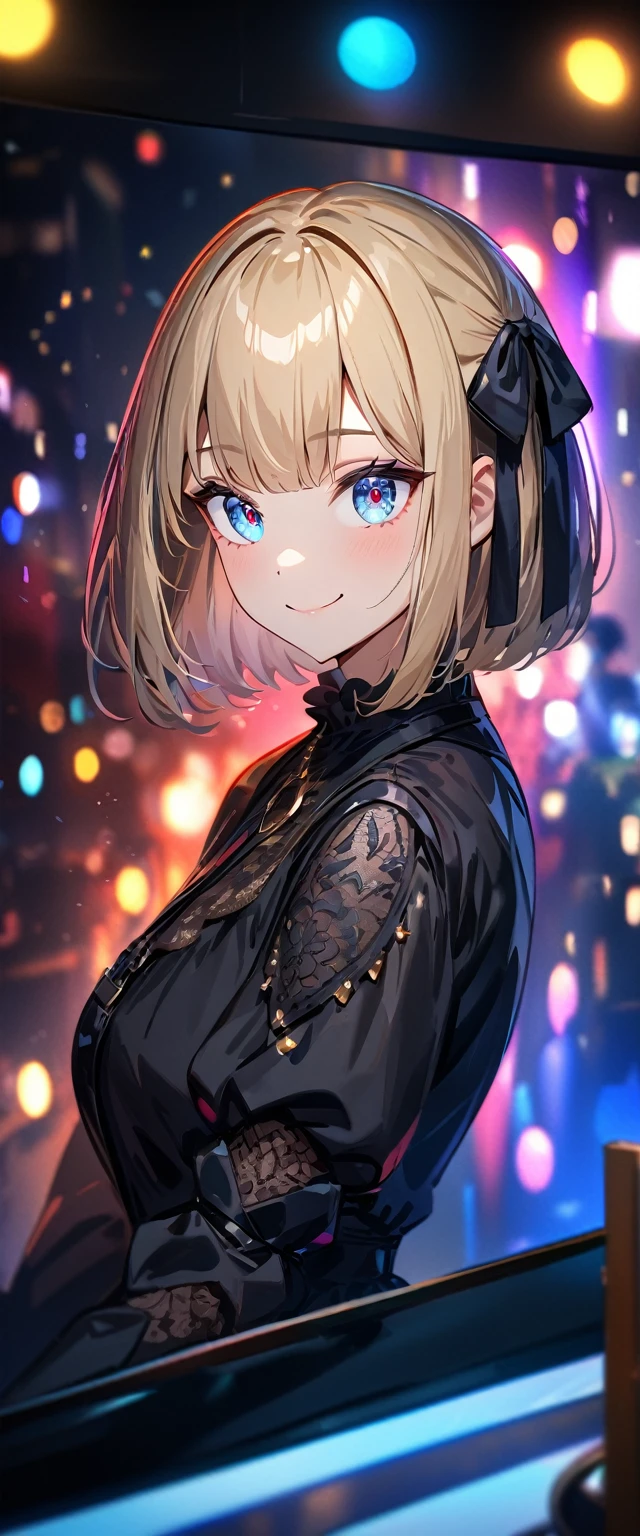 (((One girl))), Shibuya, blond hair, bob cut, (looking at viewer), breasts, ager, head tilt:1.3, (((blue eye))), constricted pupils, (from side:1.3), ((happy smile)), gothic loli.3, hair ornament, hair ribbon, anime style, (best quality, 4k, 8k, highres, masterpiece:1.2, ultra-detailed, ultra-detailed eyes, HDR, UHD, studio lighting, ultra-fine painting, sharp focus, physically-based rendering, extreme detail description, professional, vivid colors, bokeh)