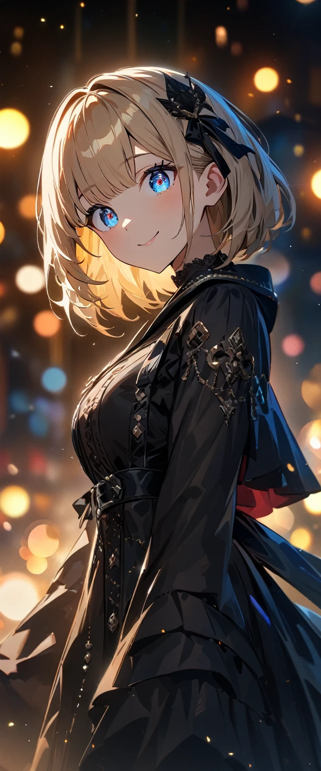 (((One girl))), Shibuya, blond hair, bob cut, (looking at viewer), breasts, teenager, head tilt:1.3, (((blue eye))), constricted pupils, (from side:1.3), ((happy smile)), gothic lolita:1.3, hair ornament, hair ribbon, anime style, (best quality, 4k, 8k, highres, masterpiece:1.2, ultra-detailed, ultra-detailed eyes, HDR, UHD, studio lighting, ultra-fine painting, sharp focus, physically-based rendering, extreme detail description, professional, vivid colors, bokeh)