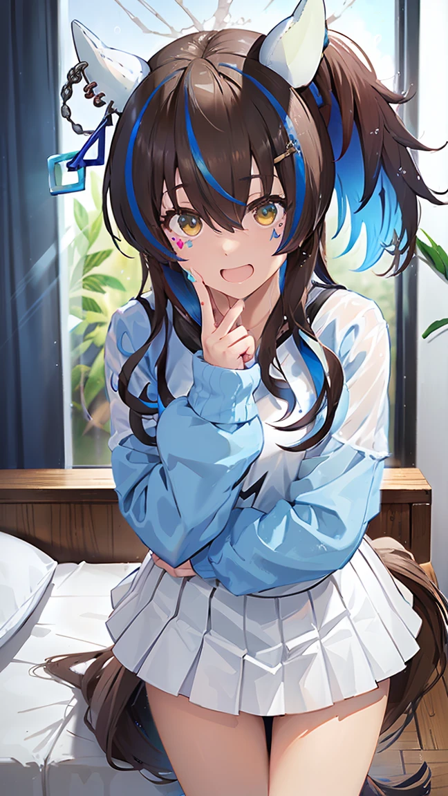 masterpiece, Highest quality, High resolution, Very detailed,(((Daitaku Helios))), (((Face scared of thunder。))), (((Light blue long sleeves))), White mini skirt, bed, heavy rain, Lightning strikes, window