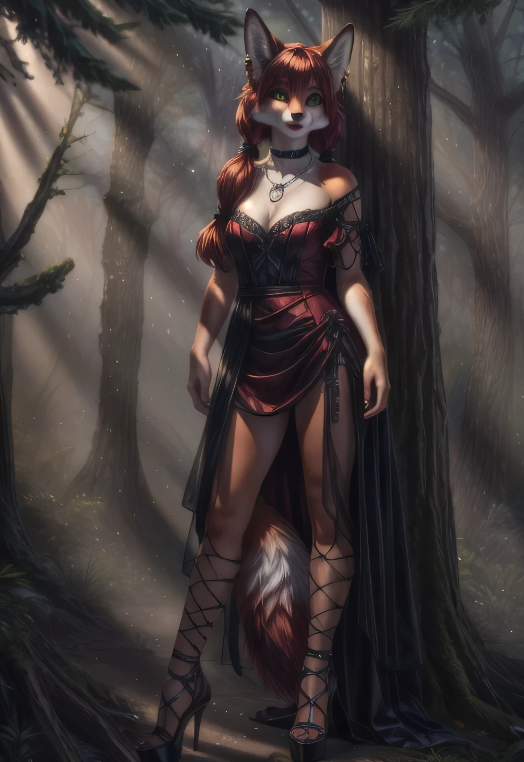 UHD 8k, HDR+, cute anthro female fox with a necklace, large piercing green eyes, huge earrings, giant earrings, with redheads pigtails, fluffy fox red tail, High heels, Red gothic dress, Against the background of the forest, detailed background, realistic, 1girl, solo girl, 20 year old girl, ultra realistic face, hyperrealistic, hyperdetailed, (looking at viewers), sharpen, detailed face, detailed eyes, detailed lips, red lips, beautiful face, 16k, FHD, raw photo, cute face mesh, pretty face mesh, portrait shot 8 k
