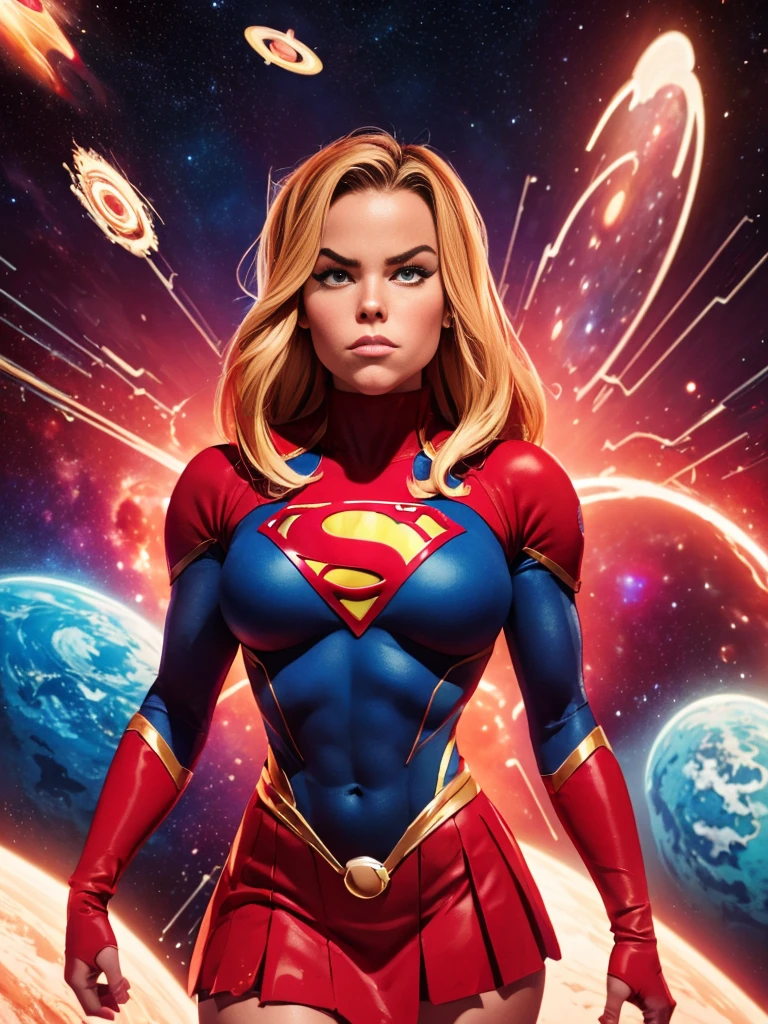 (((COMIC STYLE, CARTOON ART))). ((1 girl)), lonly, solo, A comic-style image of Supergirl a Hot hero Girl, with her as the central figure. She wears a traditional Supergirl blue and red outfit, red little skirt, (((Milly Alcock face))) . ((Hot slim body). (((Cinematic cosmic space background))) . She has a strong and courageous expression, as if she is ready to fight evil.