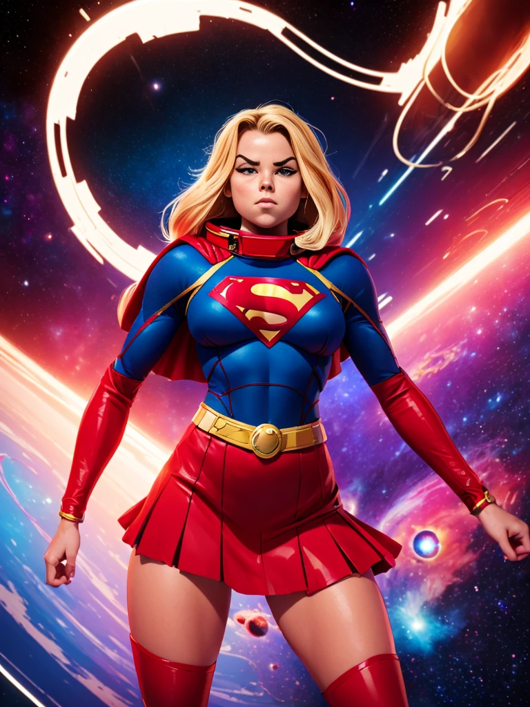 (((COMIC STYLE, CARTOON ART))). ((1 girl)), lonly, solo, A comic-style image of Supergirl a Hot hero Girl, with her as the central figure. She wears a traditional Supergirl blue and red outfit, red little skirt, (((Milly Alcock face))) . ((Hot slim body). (((Cinematic cosmic space background))) . She has a strong and courageous expression, as if she is ready to fight evil.