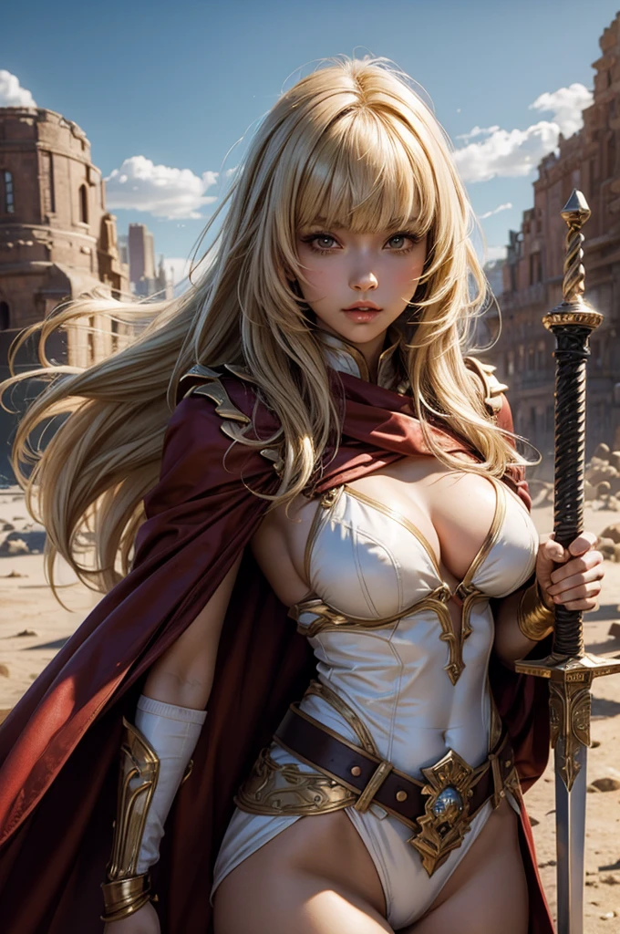 Perfect human body modeling, 1girl, pretty face, blunt bangs, Long hair, drill hair, twin drills, blonde hair, shiny hair, glow eyes, jitome, brown eyes, tsurime, white skin, huge breasts, Short body, Western-style fantasy, RPG, Rocky mountains, desert, Red cape, Golden knight, Golden Armor, she is holding a large sword and a large shield.