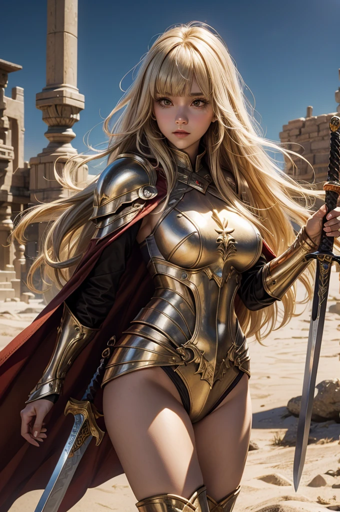 Perfect human body modeling, 1girl, pretty face, blunt bangs, Long hair, drill hair, twin drills, blonde hair, shiny hair, glow eyes, jitome, brown eyes, tsurime, white skin, huge breasts, Short body, Western-style fantasy, RPG, Rocky mountains, desert, Red cape, Golden knight, Golden Armor, she is holding a large sword and a large shield.