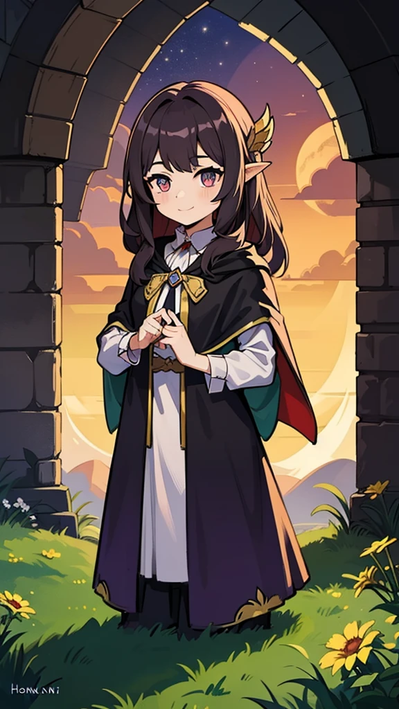 (high-quality, breathtaking),(expressive eyes, perfect face) portrait, 1girl, female, solo, young age, adolescent age, age 8 black hair, pink eye color, long hair length, soft wavy hair, gentle smile, loose hair, side bangs, looking at viewer, portrait, happy expression, ribbon in hair, flower, fantasy clothing, elegant, mature, height 4"3, adventurer attire, warlock attire, warlock profession, short height, Dungeons & Dragons character, cloak, shirt, Firefly Honkai Star Rail Character
