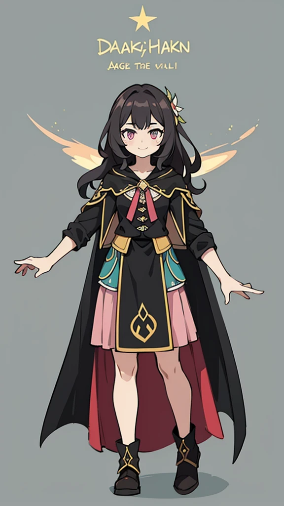 (high-quality, breathtaking),(expressive eyes, perfect face) portrait, 1girl, female, solo, young age, adolescent age, age 8 black hair, pink eye color, long hair length, soft wavy hair, gentle smile, loose hair, side bangs, looking at viewer, portrait, happy expression, ribbon in hair, flower, fantasy clothing, elegant, mature, height 4"3, adventurer attire, warlock attire, warlock profession, short height, Dungeons & Dragons character, cloak, shirt, Firefly Honkai Star Rail Character