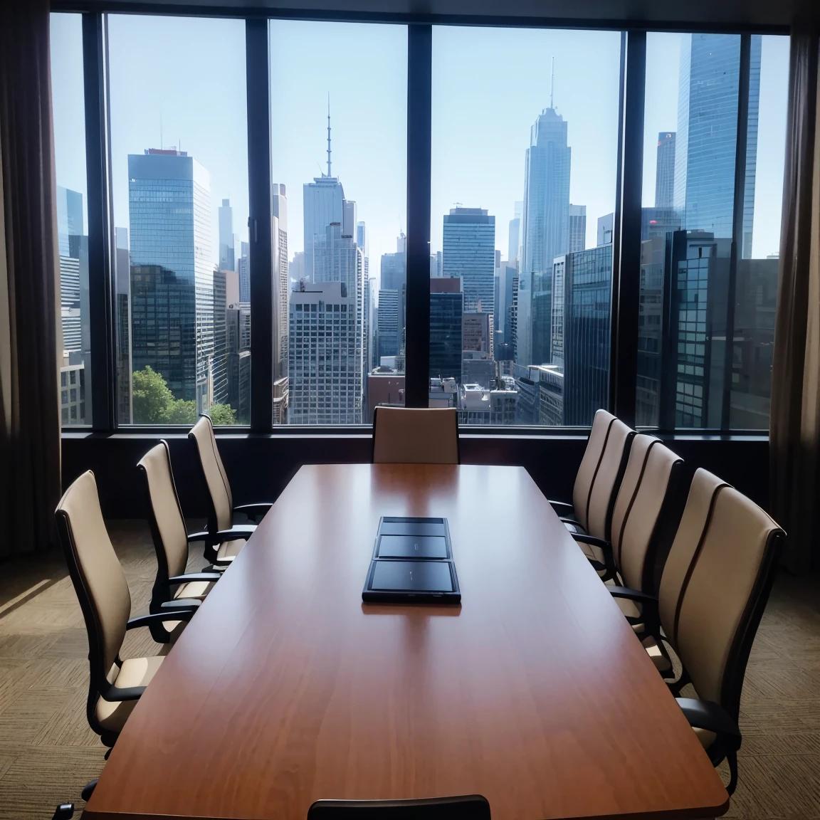 A meeting in a conference room, silhouettes, large windows, skyscrapers outside, large desks, luxurious chairs