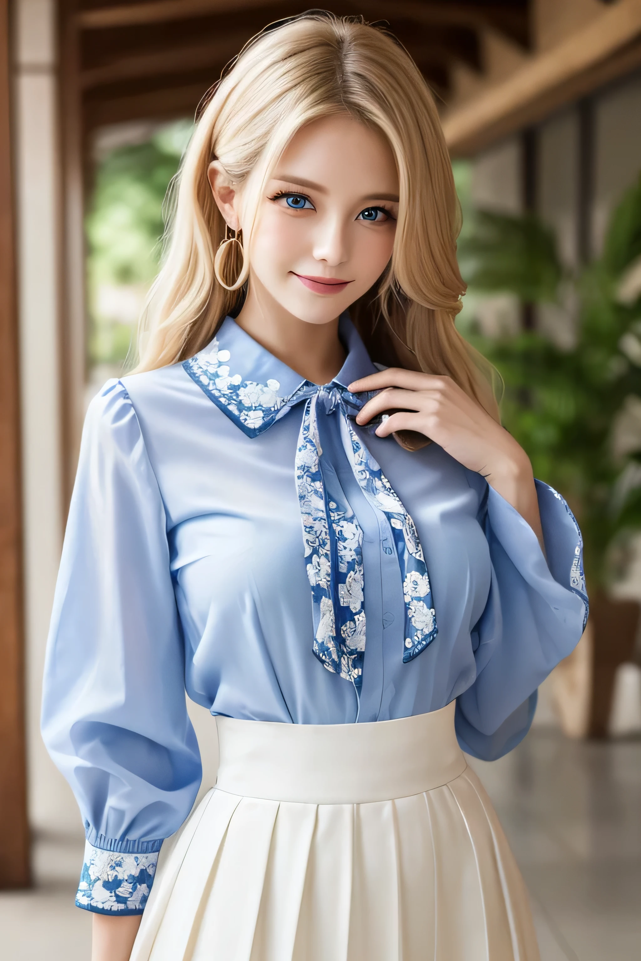 8K,Bushy blonde adult woman,so beautiful(Like the real thing), Big smile, elegant, Long nails, Hairstyle, Beautiful expression,blue eyes, Messy, I am proud, absurdes, Elegant dress,Cowboy Shot, Portraiture, (Highest quality), (Tabletop), (Very detailed), masterpiece,Highest quality photorealistic RAW photos。Backlight, Cinema Lighting, Film Grain, to be born, 50MM lens, Nikon D850,Ultra-Realistic Skin,Fantasy art,Character Art,Ultra-high resolution,Perfect hands,Compensate,wearing Floral blouse with ribbon tie_long see-through sleeves,Pleated skirt in off-white,Place your left hand gently on your chin,Strongly blurred beautiful office corridor background