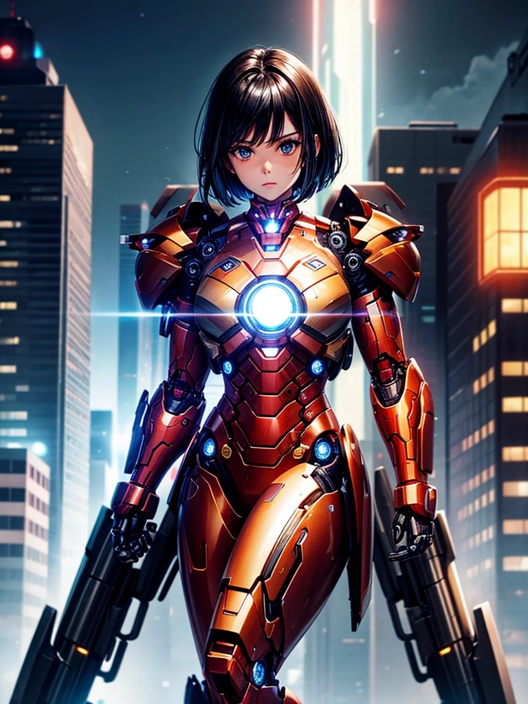 Highest quality,Highest Resolution,beautiful girl,Black Iron Man-like android,metallic,Mechanic,cyborg,Future city at night,Short black hair,whole body,Ride on a futuristic machine and drive,Move,