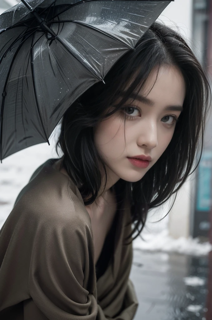 (((best quality))),(((ultra detailed))),(((masterpiece))),illustration,1girl, young,solo, slim,thin,shoulder length straight bob hair,small breasts,flat chest,standing,rainy night, heavy rain, drenched clothes, melancholy expression, solitude, tear rolling down cheek, wet hair, empty streets, dimly lit, deserted environment, sound of rain, footsteps, discarded umbrella on the ground, symbol of hope, abandoned, resilience, determination, walking in rain, heartbreak, loss, love fading, loneliness, body language, facial expression, dreary atmosphere, rain-soaked streets, somber mood, viewer engagement,full body