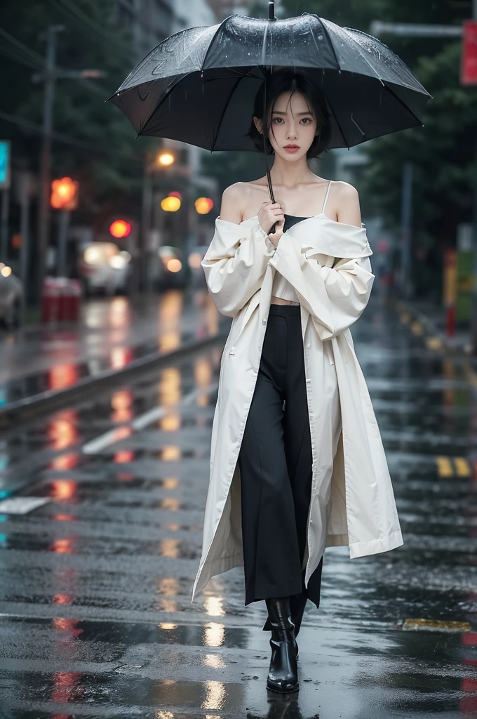 (((best quality))),(((ultra detailed))),(((masterpiece))),illustration,1girl, young,solo, slim,thin,shoulder length straight bob hair,small breasts,flat chest,standing,rainy night, heavy rain, drenched clothes, melancholy expression, solitude, tear rolling down cheek, wet hair, empty streets, dimly lit, deserted environment, sound of rain, footsteps, discarded umbrella on the ground, symbol of hope, abandoned, resilience, determination, walking in rain, heartbreak, loss, love fading, loneliness, body language, facial expression, dreary atmosphere, rain-soaked streets, somber mood, viewer engagement,full body