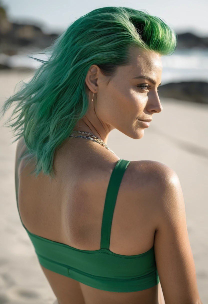 high quality portrait Erotic paparazzi photo , 40yo woman ( Magrot Robbie, beach side , photorealistic , celebrity , green color hair ,random click, she is wearing awet tight MARVEL logo printed shirt:1.5, woman ) sunbathing , shiny sweaty skin , sexualized move, erotic angles, sweaty flat breas,t celebrity erotic photograph , fit muscular figure , shiny sweaty skin, on beach, celebrity, female, woman, hollywood actress , fleshy muscular woman , ( natural lights, depth of field, detailed face , insanely detailed skin texture, hyper detailed features )
