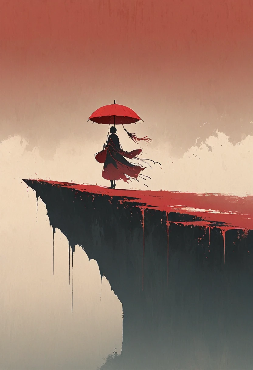 A simple one,Minimalist illustration, 1 red umbrella hanging in the air,Tassels on umbrellas,On the edge of a cliff,bridge
