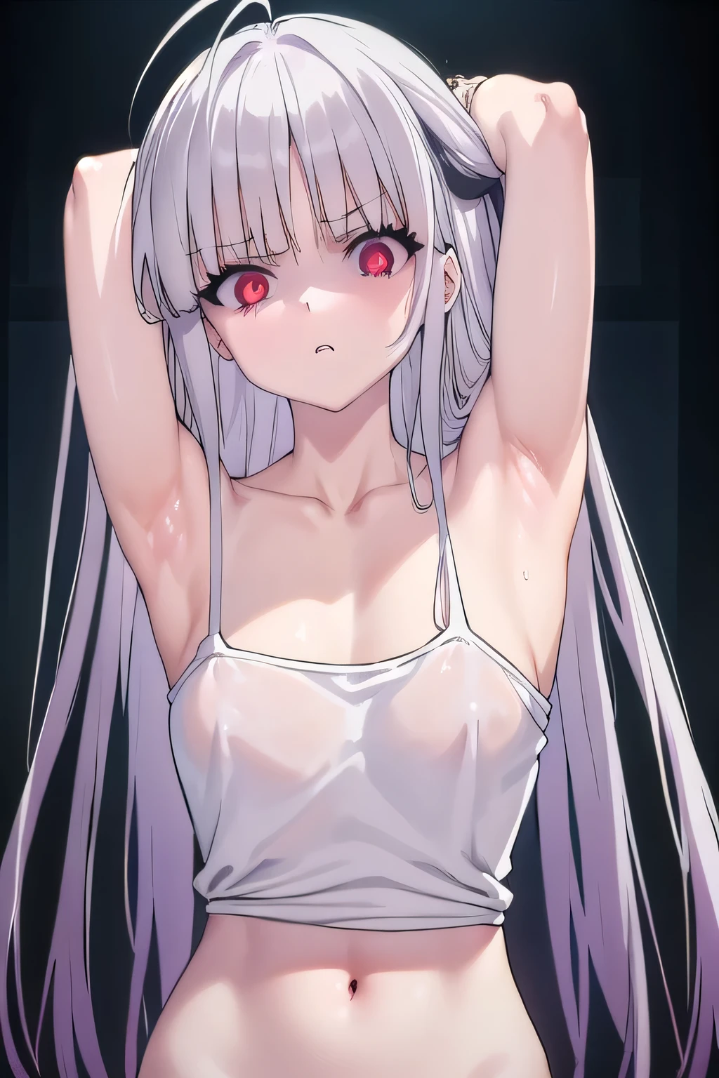 masterpiece, best quality, ultra-high-detailed, Disgusted face, white hair, red eyes, sigtuna julie, looking to viewer, deep eyes, glare eyes, bare shoulder, focus to face, black background, upper body, eyeshadow, croptop , t-shirt, muscular , few small breast , cynical look eyes, fit girl, Cowboys shot, steamy, , disdaining, furious, grimance, displeasure, Collarbone, bare shoulder , gothic, one arm up, armpit crease , arms behind head, ABS, 4 pack, midrifft, navel, muscular arms, triseps, biceps, shredded , mirror, face to face, detail face, spread armpit