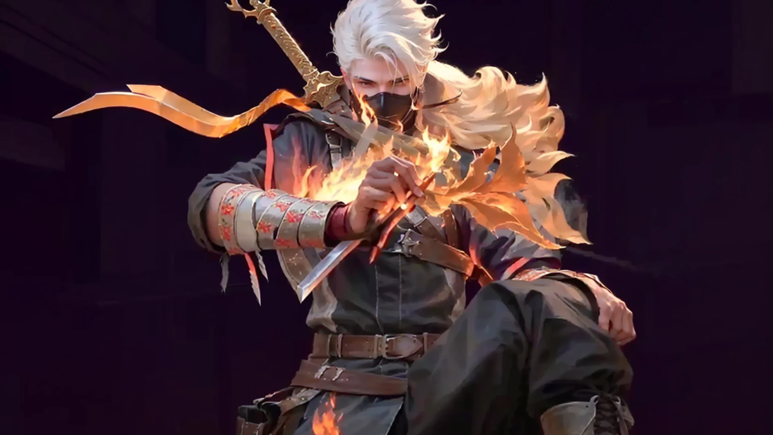 a close up of a person holding a sword and a fire 