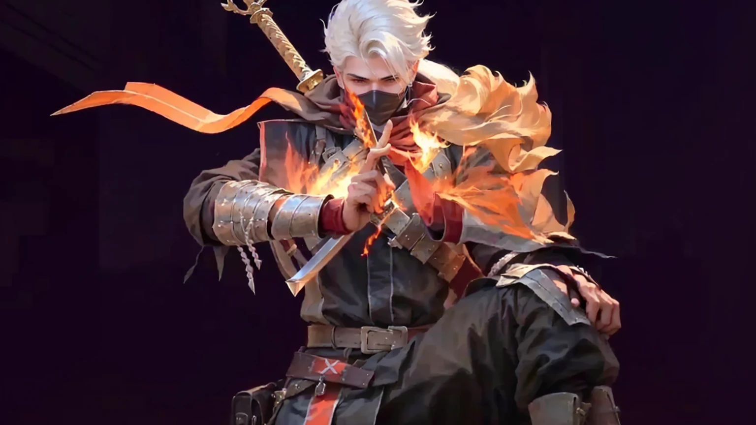 a close up of a person holding a sword and a fire
