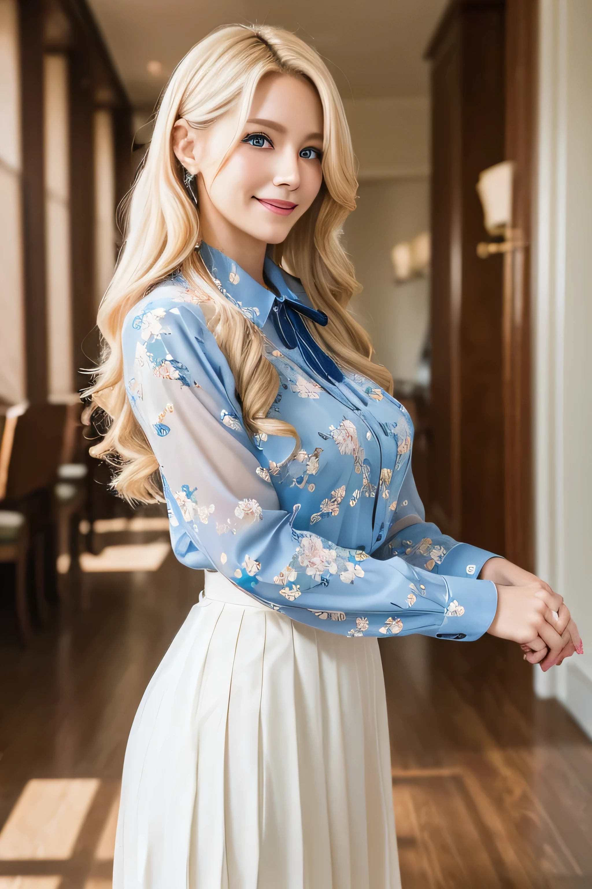 8K,Bushy blonde adult woman,so beautiful(Like the real thing), Big smile, elegant, Long nails, Hairstyle, Beautiful expression,blue eyes, Messy, I am proud, absurdes, Elegant dress,Cowboy Shot, Portraiture, (Highest quality), (Tabletop), (Very detailed), masterpiece,Highest quality photorealistic RAW photos。Backlight, Cinema Lighting, Film Grain, to be born, 50MM lens, Nikon D850,Ultra-Realistic Skin,Fantasy art,Character Art,Ultra-high resolution,Perfect hands,Compensate,wearing Floral blouse with ribbon tie_long see-through sleeves,Pleated skirt in off-white,Place your left hand gently on your chin,Strongly blurred beautiful office corridor background,smile_Running towards here_long flowing hair