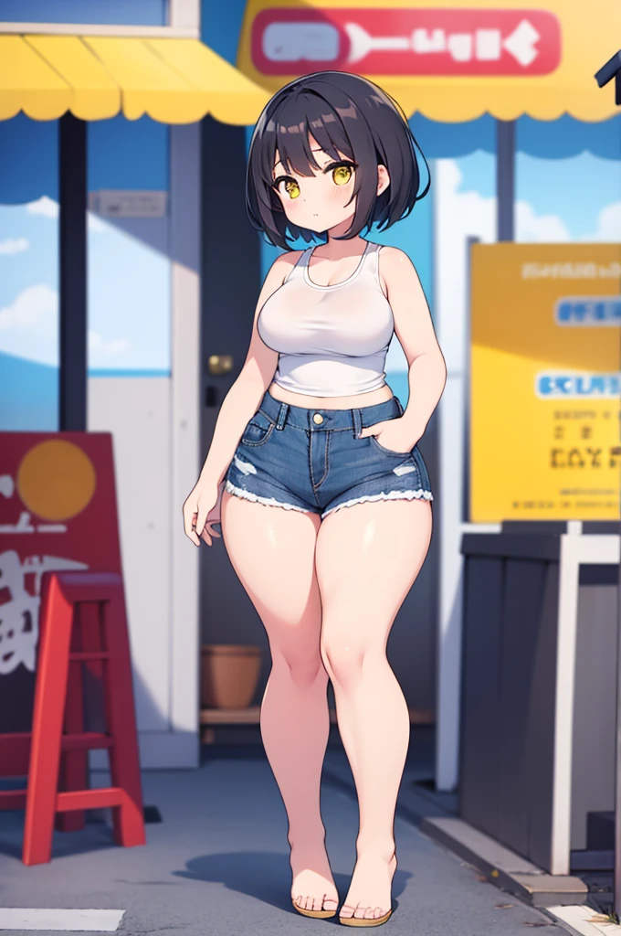 Young anime milf, short wavy black hair, short black hair, yellow eyes, full body, big tits, big breasts, big thighs, big waist, thick legs, thicc legs, small feet, , small, short sexy body, curvy body, curvous body, curvy legs, slight abs, voluptous body, tight jeans, tight sleeveless tank top, cute