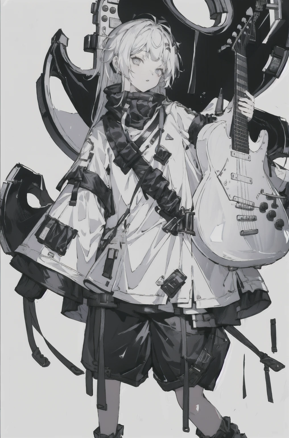 8K,high resolution,absurd,masterpiece,best quality,The original,Extremely detailed CG,Extremely detailed wallpaper,Perfect lighting,1 Girl,Vague_background,
(hutaodef:1.2),Black shorts,black h在 with h在 ,Regular Clothes,white background,guitar