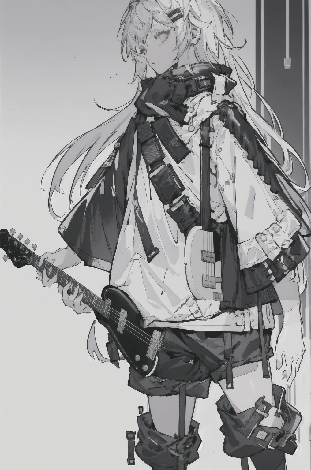 8K,high resolution,absurd,masterpiece,best quality,The original,Extremely detailed CG,Extremely detailed wallpaper,Perfect lighting,1 Girl,Vague_background,
(hutaodef:1.2),Black shorts,black h在 with h在 ,Regular Clothes,white background,guitar