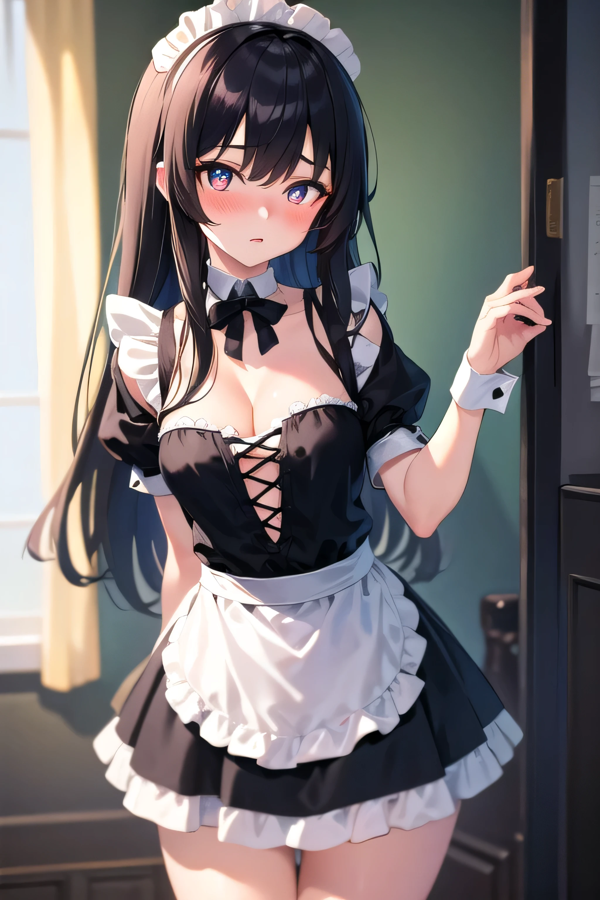 ((best quality)), (Extremely detailed), ((Ultra HD)), (masterpiece), (high quality), (best quality), (4K), (high quality), (1 girl),slim, (Transparent fabric),Dead water,(Maid costume),Blushing shyly,Low saturation,Cleavage,(Black long hair),Gray-blue pupils,Black long hair