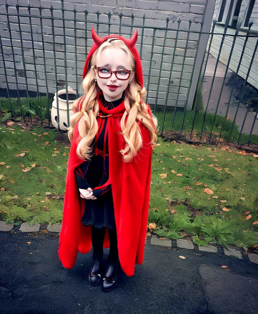 Arafed girl with a red cape and glasses standing on a sidewalk, in a halloween style, cheeky devil, dressed like an oracle, dressed in a beautiful red cape, wearing a costume, in an elegant dress, wearing a red cape, by Juliette Wytsman, long red cape, por Helen Stevenson, devil horns, by John Wilson, by Ben Thompson
