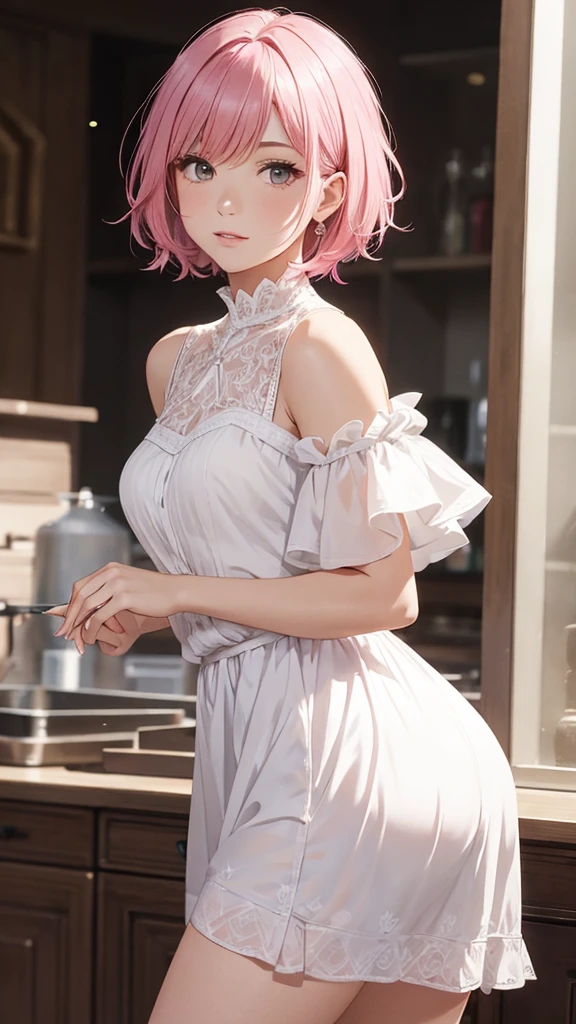 Alcanevi, A woman with medium-short pink hair wearing a white dress, Woman's face, Unreal Engine Character Art, Portraiture、posing