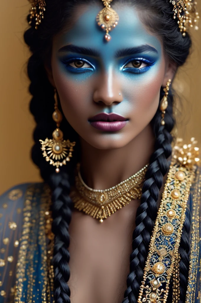 Close-up of a fantastical being with blue skin, golden accents and intricate patterns, delicate golden sparkles creating a glowing effect, serene and mysterious expression, braided hair with golden beads, elaborate headpiece with ornate details, soft blur background to emphasize her ethereal beauty, intricate adornments highlight her otherworldly nature, glowing golden details creating a mystical aura, eyes filled with a deep, soulful gaze, lips slightly parted hinting at a soft whisper, golden jewelry and embellishments adding to the regal appearance, smooth and otherworldly texture of her skin, artistic use of light and shadow to enhance facial features, elements of fantasy and mysticism in her design, a sense of calm and wisdom emanating from her expression, blue skin contrasting beautifully with the golden details, headpiece featuring gemstones and floral motifs, hair styled in elegant thick braids, overall composition harmonious and captivating.