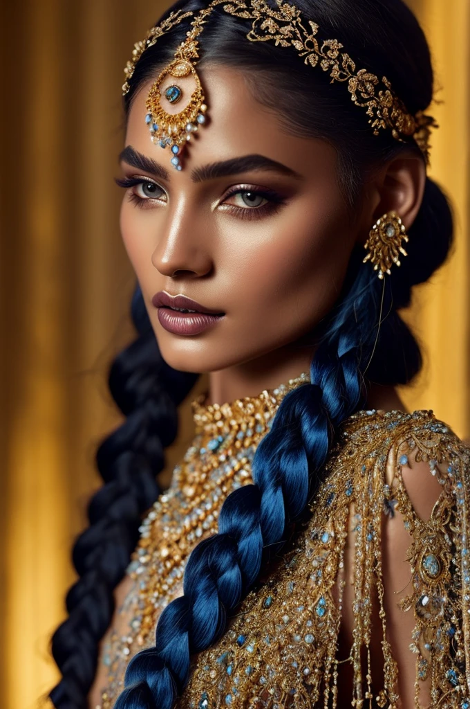 Close-up of a fantastical being with blue skin, golden accents and intricate patterns, delicate golden sparkles creating a glowing effect, serene and mysterious expression, braided hair with golden beads, elaborate headpiece with ornate details, soft blur background to emphasize her ethereal beauty, intricate adornments highlight her otherworldly nature, glowing golden details creating a mystical aura, eyes filled with a deep, soulful gaze, lips slightly parted hinting at a soft whisper, golden jewelry and embellishments adding to the regal appearance, smooth and otherworldly texture of her skin, artistic use of light and shadow to enhance facial features, elements of fantasy and mysticism in her design, a sense of calm and wisdom emanating from her expression, blue skin contrasting beautifully with the golden details, headpiece featuring gemstones and floral motifs, hair styled in elegant thick braids, overall composition harmonious and captivating.