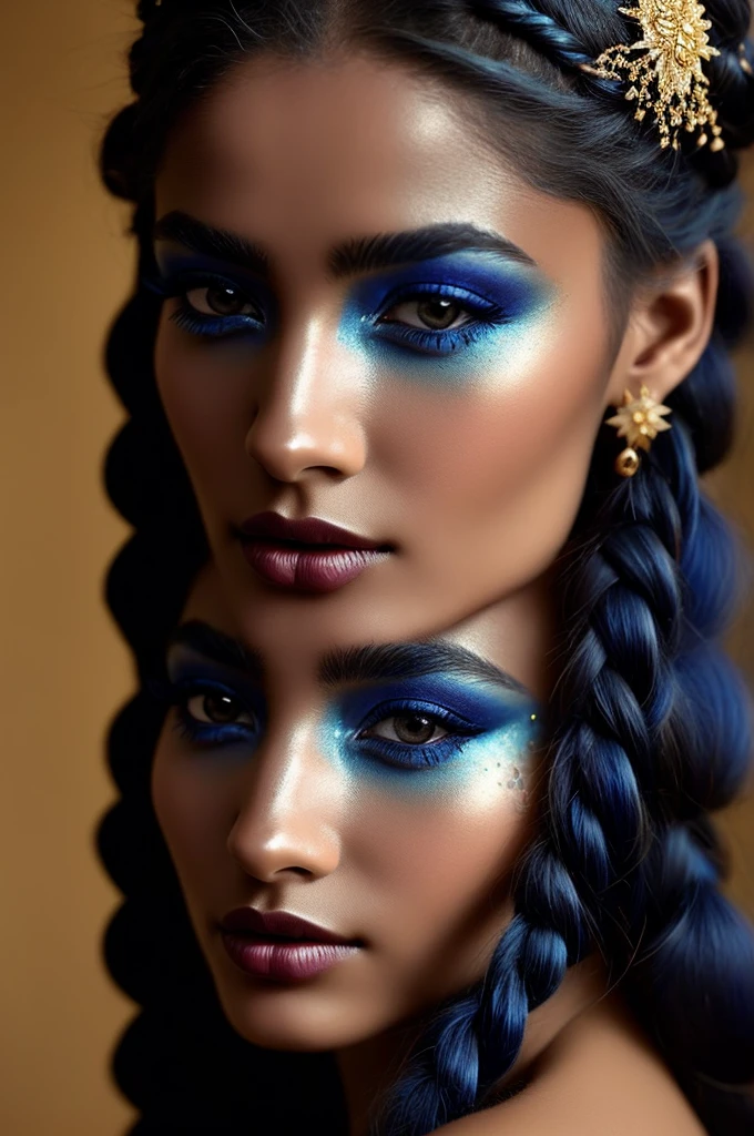 Close-up of a fantastical being with blue skin, golden accents and intricate patterns, delicate golden sparkles creating a glowing effect, serene and mysterious expression, braided hair with golden beads, elaborate headpiece with ornate details, soft blur background to emphasize her ethereal beauty, intricate adornments highlight her otherworldly nature, glowing golden details creating a mystical aura, eyes filled with a deep, soulful gaze, lips slightly parted hinting at a soft whisper, golden jewelry and embellishments adding to the regal appearance, smooth and otherworldly texture of her skin, artistic use of light and shadow to enhance facial features, elements of fantasy and mysticism in her design, a sense of calm and wisdom emanating from her expression, blue skin contrasting beautifully with the golden details, headpiece featuring gemstones and floral motifs, hair styled in elegant thick braids, overall composition harmonious and captivating.