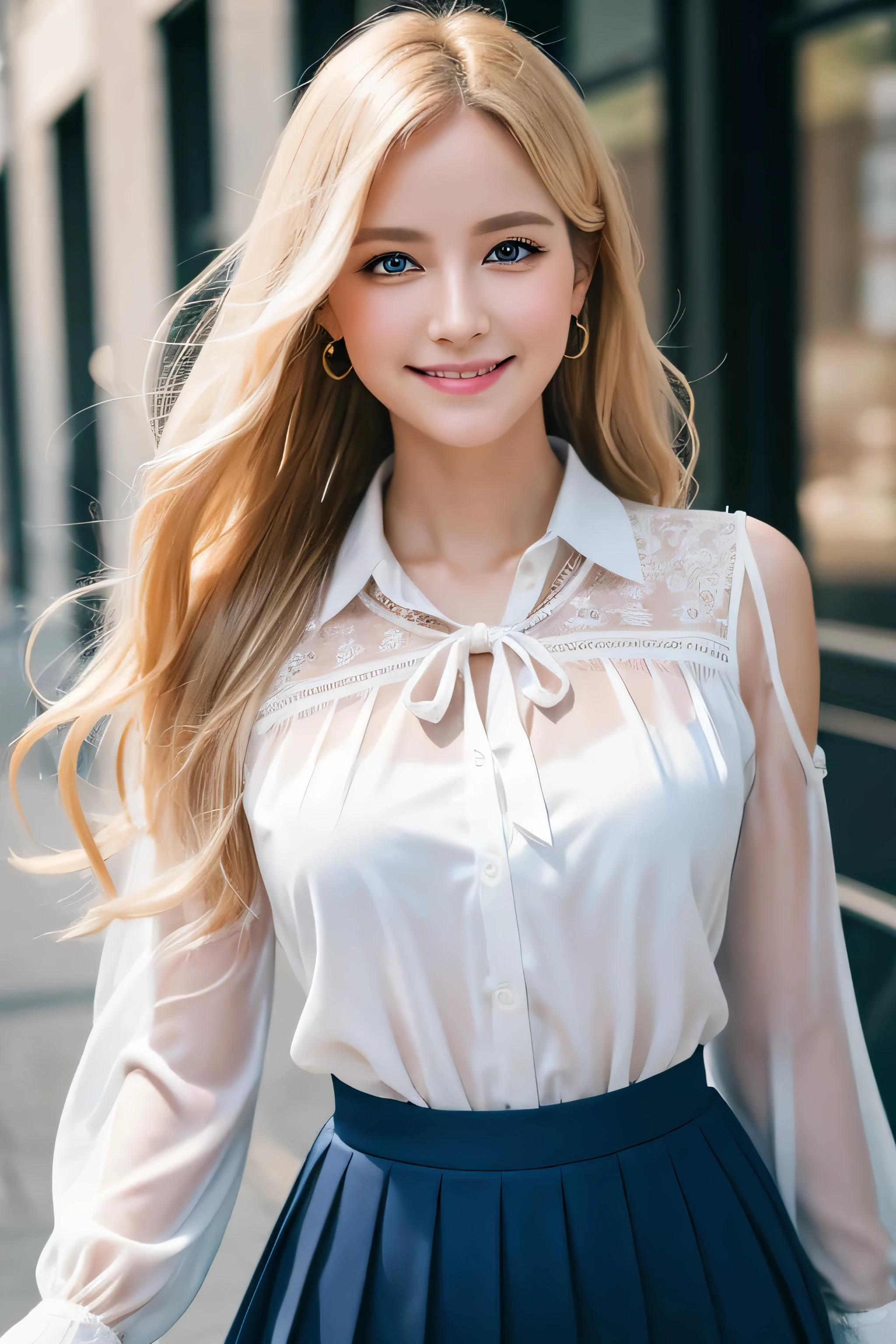 8K,Bushy blonde adult woman,so beautiful(Like the real thing), Big smile, elegant, Long nails, Hairstyle, Beautiful expression,blue eyes, Messy, I am proud, absurdes, Elegant dress,Cowboy Shot, Portraiture, (Highest quality), (Tabletop), (Very detailed), masterpiece,Highest quality photorealistic RAW photos。Backlight, Cinema Lighting, Film Grain, to be born, 50MM lens, Nikon D850,Ultra-Realistic Skin,Fantasy art,Character Art,Ultra-high resolution,Perfect hands,Compensate,wearing Floral blouse with ribbon tie_long see-through sleeves,Pleated mini skirt in off-white,Place your left hand gently on your chin,Strongly blurred beautiful office corridor background,smile_Running towards here_long flowing hair