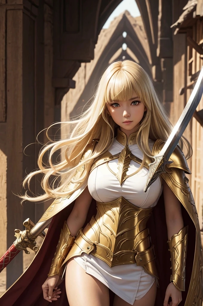 Perfect human body modeling, 1girl, pretty face, blunt bangs, Long hair, drill hair, twin drills, blonde hair, shiny hair, glow eyes, jitome, brown eyes, tsurime, white skin, huge breasts, Short body, Western-style fantasy, RPG, Rocky mountains, desert, Red cape, Golden knight, Golden Armor, she is holding a large sword and a large shield.