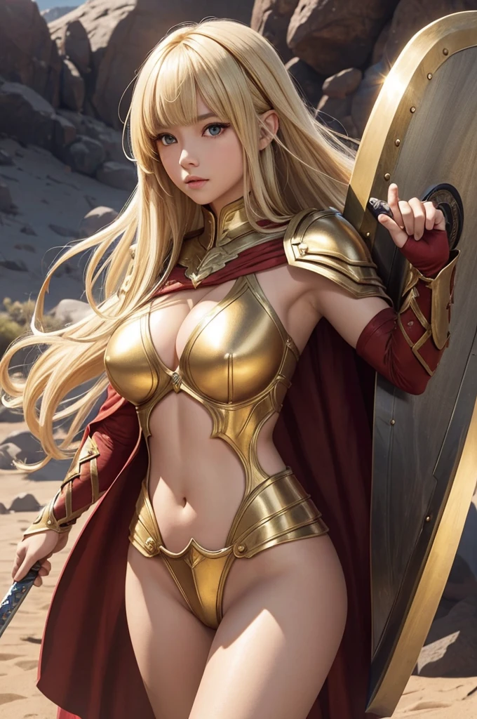 Perfect human body modeling, 1girl, pretty face, blunt bangs, Long hair, drill hair, twin drills, blonde hair, shiny hair, glow eyes, jitome, brown eyes, tsurime, white skin, huge breasts, Short body, Western-style fantasy, RPG, Rocky mountains, desert, Red cape, Golden knight, Golden Armor, she is holding a large sword and a large shield.