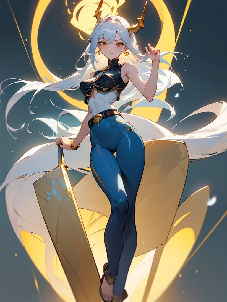 (masterpiece, best quality, 4k, anime:1.2), 1girl, Drakaina, solo, flirting expression, half body, smiling mischievously, looking at camera, long silver hair tied back, sharp golden eyes, pale skin, C-cup breasts, tall, muscular hourglass figure, beautiful six-pack, two beautiful simple golden dragon horns on the head, another set of short golden dragon horns under the ears, sharp golden dragon claws, dragon tail resemble light blue steel, dragon wings resemble light blue steel, blue pear earrings, light blue gemstone necklace with golden dragon phoenix pendant, white sleeveless crop top, ivory trousers, dark blue leather belt, dark blue platform sandals, zerochan art,detailed digital anime art