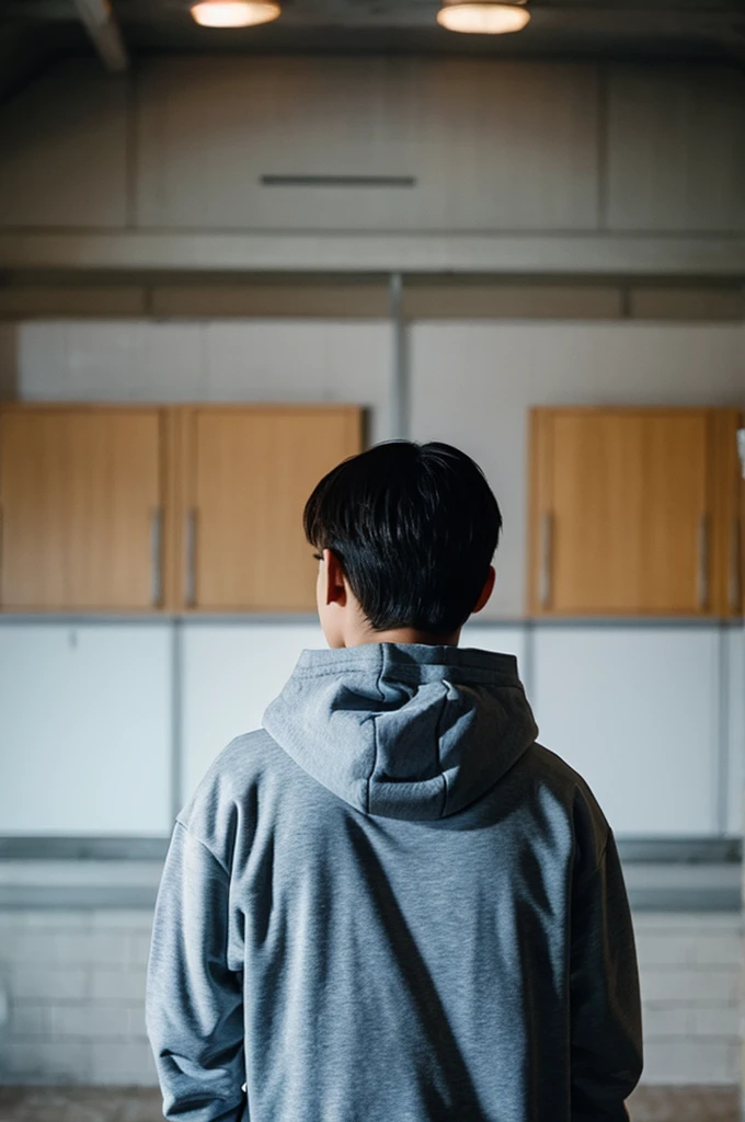 Create a photo of a person wearing a hoodie standing with their back to the screen