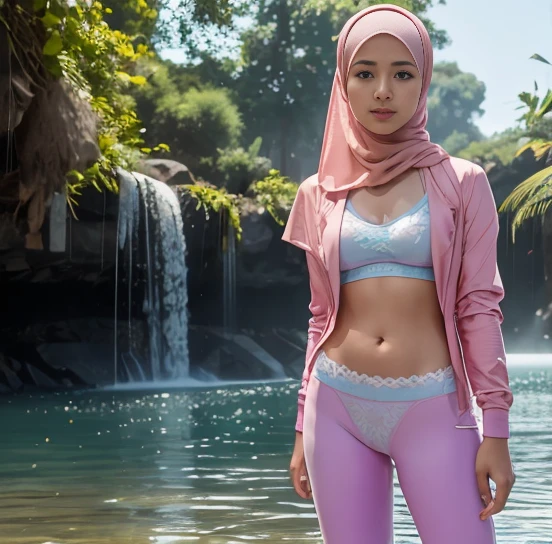 malay teen sexy seducing pose, sunrise,waterfall view, mira filzah:1.9), wearing hijab, pastel color hijab, unbutton jacket see a lace bra and pastel long gym outfit, small , small breast, flat chest, wide waist, thick thighs, bright lighting, plum cameltoe, wet cameltoe, wet, high quality, detail face, 16k, ray lighting,