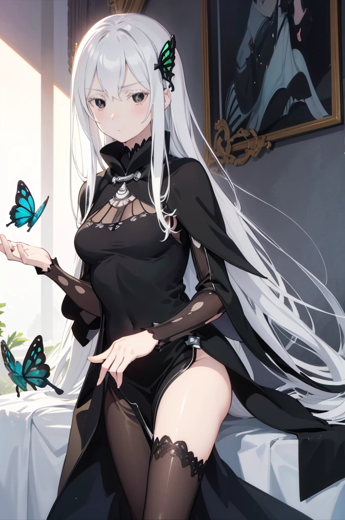 masterpiece, best quality, high resolution, best illustration, super fine illustration, (official art:1.2), anime screencap, (detailed beautiful face and eyes), anime keyvisual, perfect anatomy, 8k portrait, best fingers, good hands, 
1girl,
Echidna, 
Echidna \(re:zero\),
long hair, 
white hair, 
(black eyes:1.2), 
butterfly hair ornament, 
small breasts, 
long black dress, black cape, 
looking at viewer, 
cowboy shot, 
natural light, background of indoor, lie on the bed, 