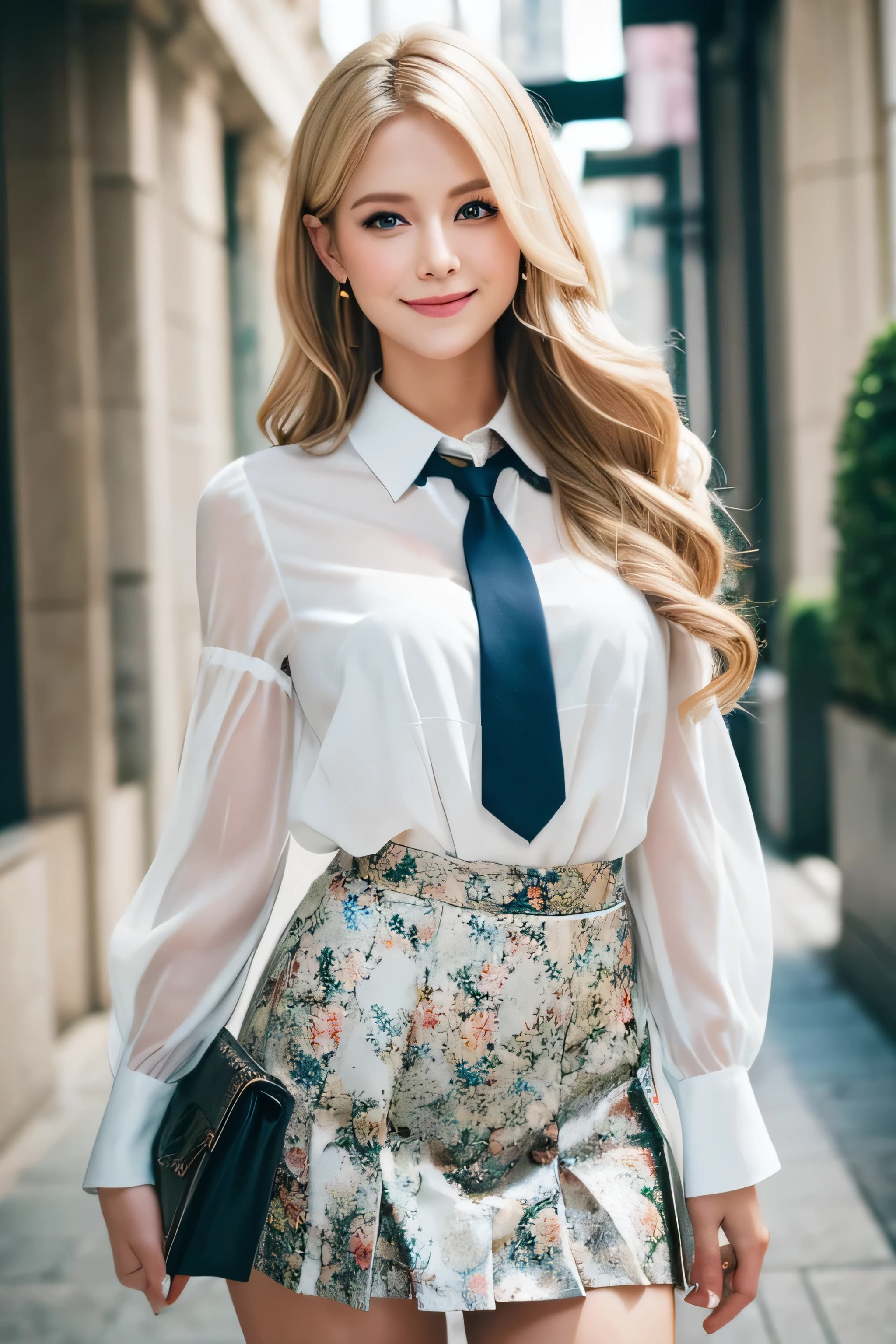 8K,Bushy blonde adult woman,so beautiful(Like the real thing), Big smile, elegant, Long nails, Hairstyle, Beautiful expression,blue eyes, Messy, I am proud, absurdes, Elegant dress,Cowboy Shot, Portraiture, (Highest quality), (Tabletop), (Very detailed), masterpiece,Highest quality photorealistic RAW photos。Backlight, Cinema Lighting, Film Grain, to be born, 50MM lens, Nikon D850,Ultra-Realistic Skin,Fantasy art,Character Art,Ultra-high resolution,Perfect hands,Compensate,wearing Floral blouse with ribbon tie_long see-through sleeves,Pleated mini skirt in off-white,Place your left hand gently on your chin,Strongly blurred beautiful office corridor background,smile_Running towards here_long flowing hair