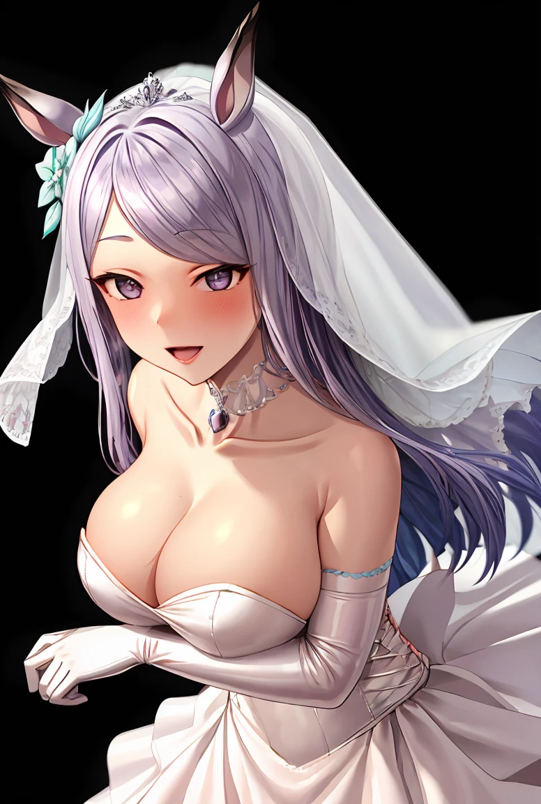 (masterpiece, high quality, highres:1), smile, open mouth, 1girl, (mejiro mcqueen), ((horse ears)), solo, long hair, flower, dress, tiara, beautiful bride in bridal dress, Blushing face, Head flower, headgear, (tube top wedding dress:1.5), (silk dress:1.2), (strapless wedding dress:1.5), pure white dress, necklace, earrings, (large breasts:1.3), Neck ornaments, Deep V peach heart collar wedding dress, Bouquet, lipstick, (White long elbow gloves:1.3), (Bridal veil:1.2), (Transparent short veil:1.2), upper body, parted bangs, very long hair, blue dress, frills, bangs, closed mouth, detailed eyes, gleaming skin, shiny glossy skin