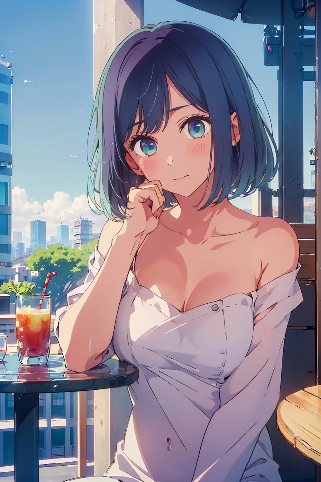 (Highest quality:1.4、8K:1.4、detailed)、F cup bust、Big Breasts、Slim body、Very white beautiful skin、((((1 person、Surprised expression、sit、Chair、In the background are the urban buildings of Tokyo、looking at the camera、Outdoor café terrace、Navy hair color、juice、Shooting up close、Shooting from an angle、table、Very cute face))))、((((nude、Beautiful areola))))、(Hand touching cheek pose:1.4、Cheek resting on hand:1.4)、Off-the-shoulder blouson、Black blouson with zipper、Very blue sky、A completely cloudless sky
