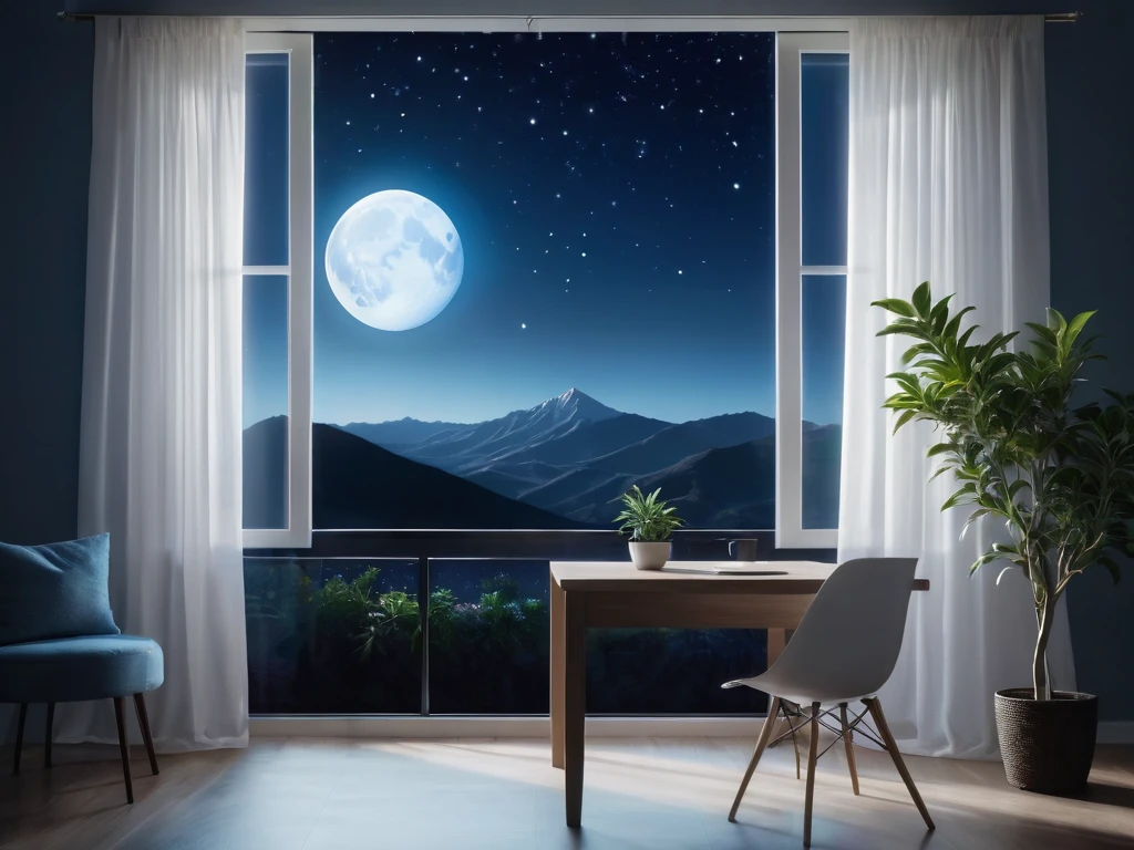 a dark room, night, Desktop,There is a small potted plant on the table.. a cup of coffee, soft shadow, Stylish, modern, Luminous screen, Cool Blue Light, Flowing sheer white curtains.Looking out the window with the moon, starry sky and mountain view, Very detailed,texture tone.Obvious contrast of light and shadow.High quality and textured.half-length view , 50 mm , f/1.8 , excerpt 1/60 , ISO 50 ,Color temperature 4000K， masterpiece.first-person view